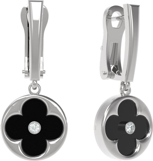 Серьги из белого золота c бриллиантами и ониксом