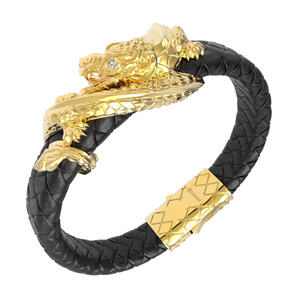 Браслет из лимонного золота c бриллиантами и кожаным шнурком