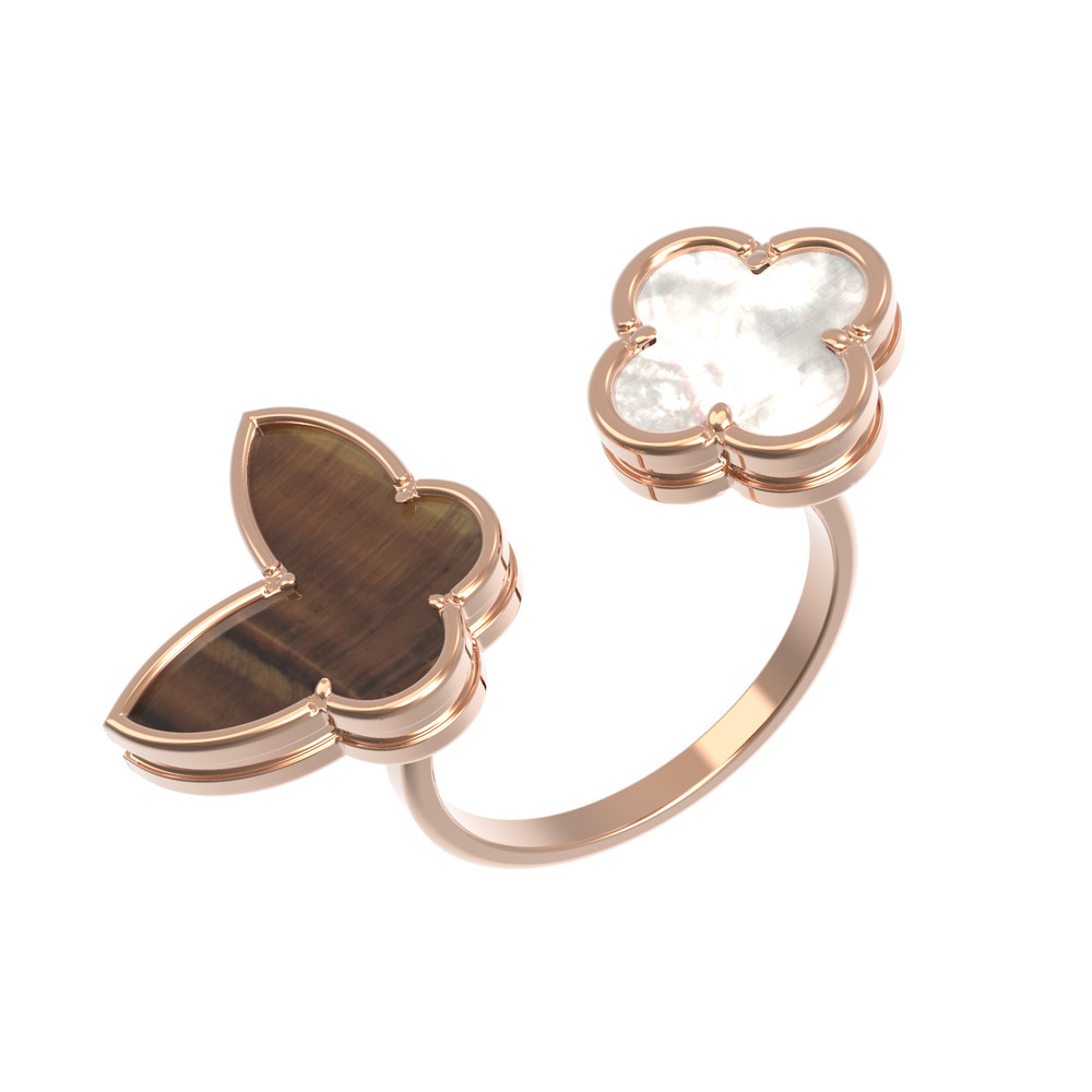 Кольцо из золота c тигровым глазом и перламутром