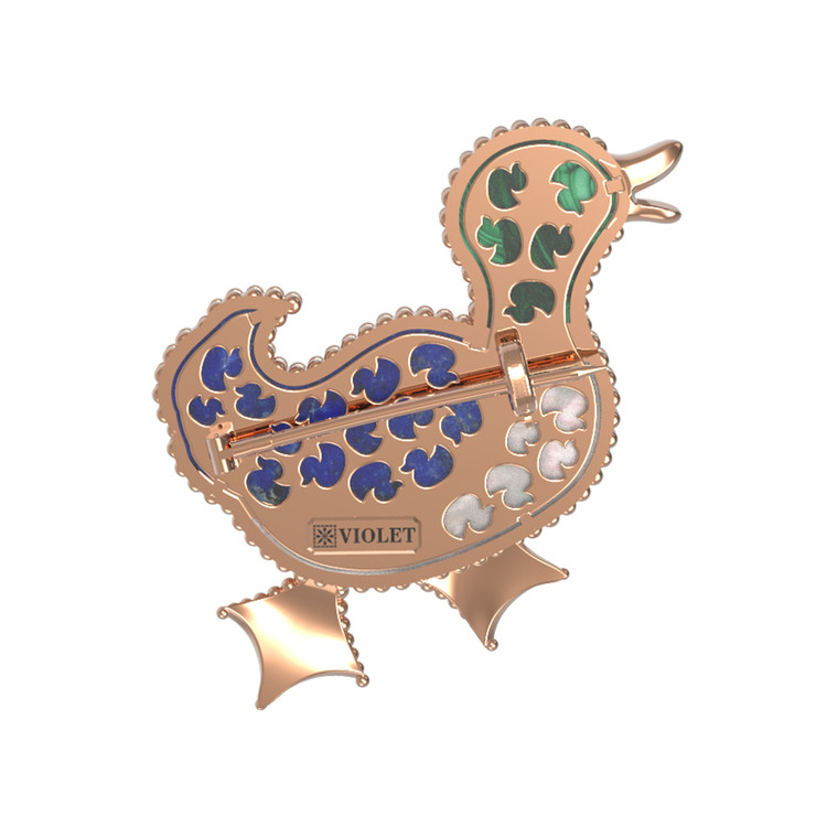 Брошь из золота c эмаль , лазуритом, малахитом и перламутром