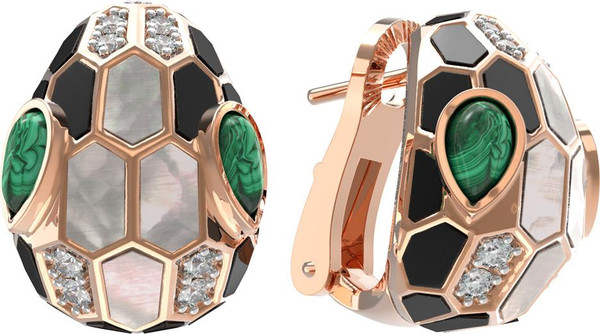 Серьги из золота c бриллиантами, рубином, ониксом, малахитом и перламутром