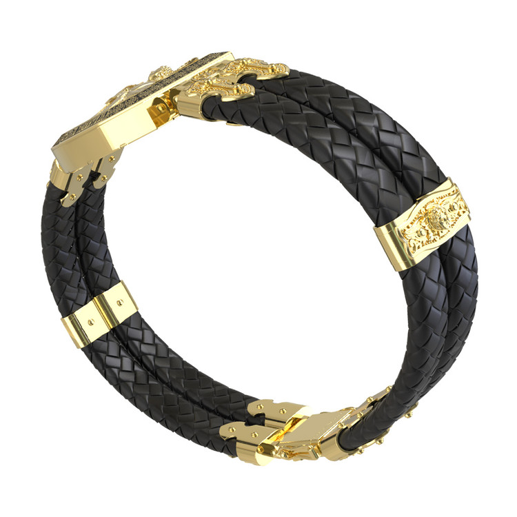 Браслет из лимонного золота c эмалью, шнурком и ониксом