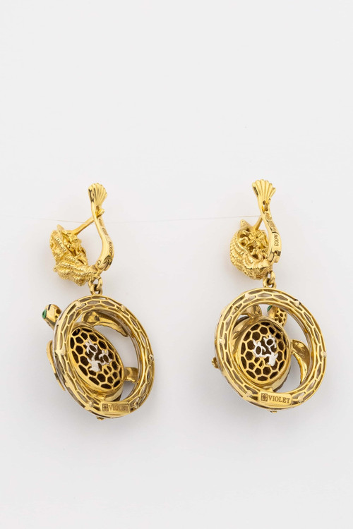 Серьги из лимонного золота c эмаль и железным деревом