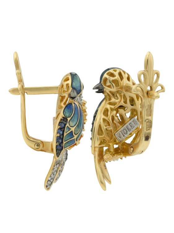 Серьги из лимонного золота c эмалью, фианитом, цитрином и сапфиром