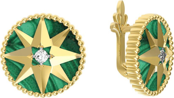Серьги из лимонного золота c фианитом и малахитом