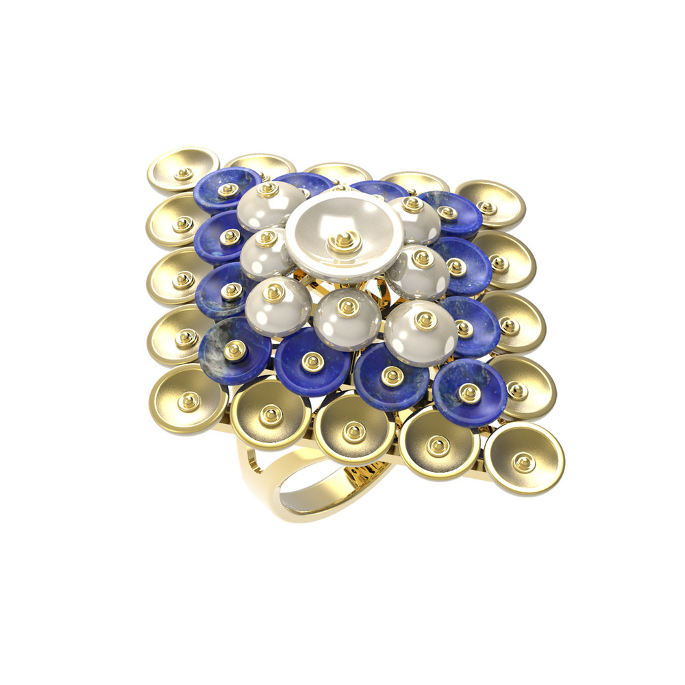 Кольцо из лимонного золота c лазуритом и перламутром