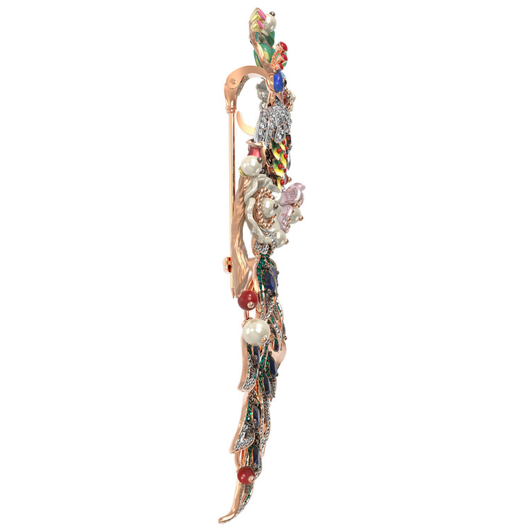 Брошь из золота c эмаль , фианитом, гранатом, жемчугом, сапфиром, кораллом и перламутром