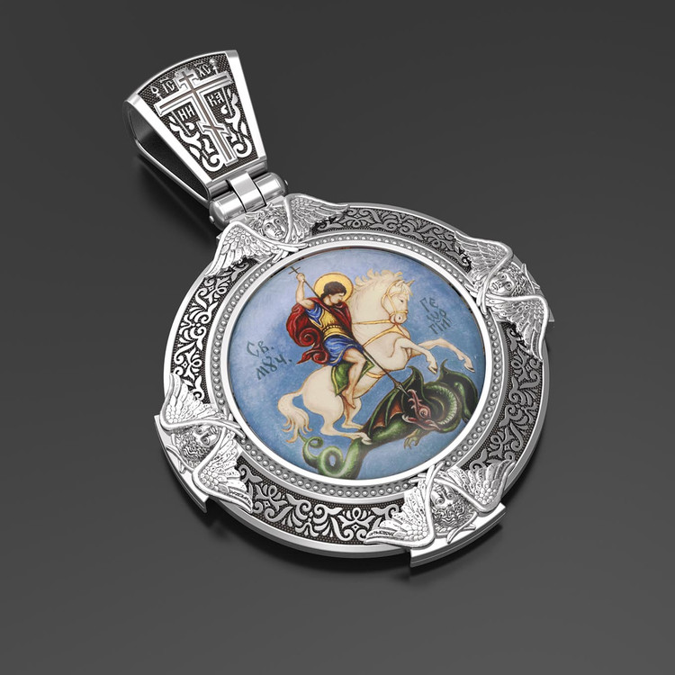 Образок из белого золота c эмаль , иконописью и темперой