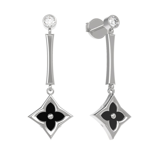 Серьги из белого золота c фианитом и ониксом