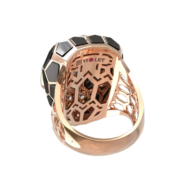 Кольцо из золота c бриллиантами, рубином, ониксом, малахитом и перламутром