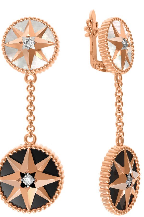 Серьги из золота c фианитом, ониксом и перламутром