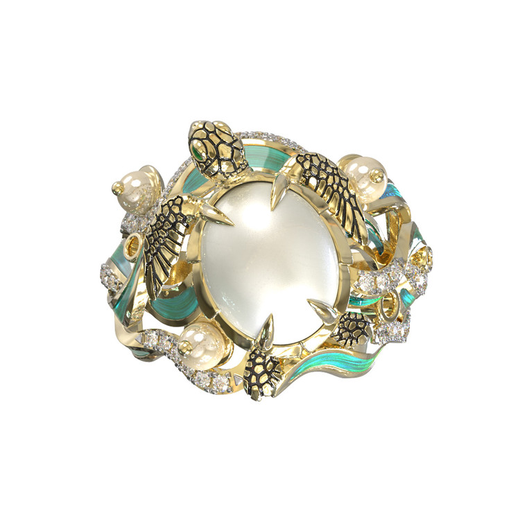 Кольцо из лимонного золота c эмалью, бриллиантами, жемчугом и перламутром