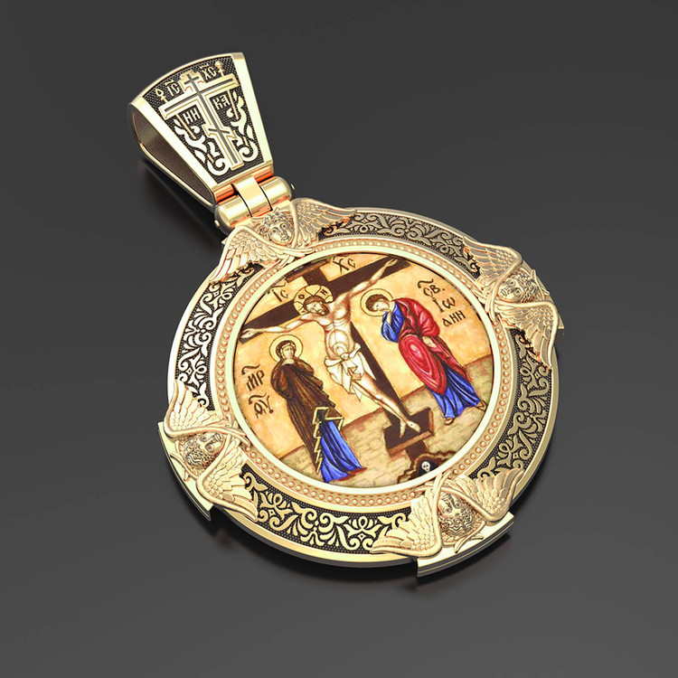 Образок из лимонного золота c эмаль , иконописью и темперой