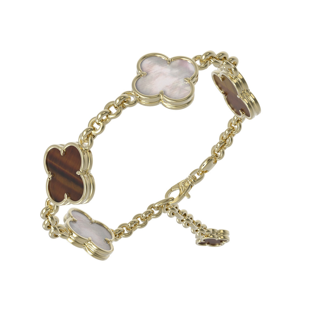 Браслет из лимонного золота c тигровым глазом и перламутром