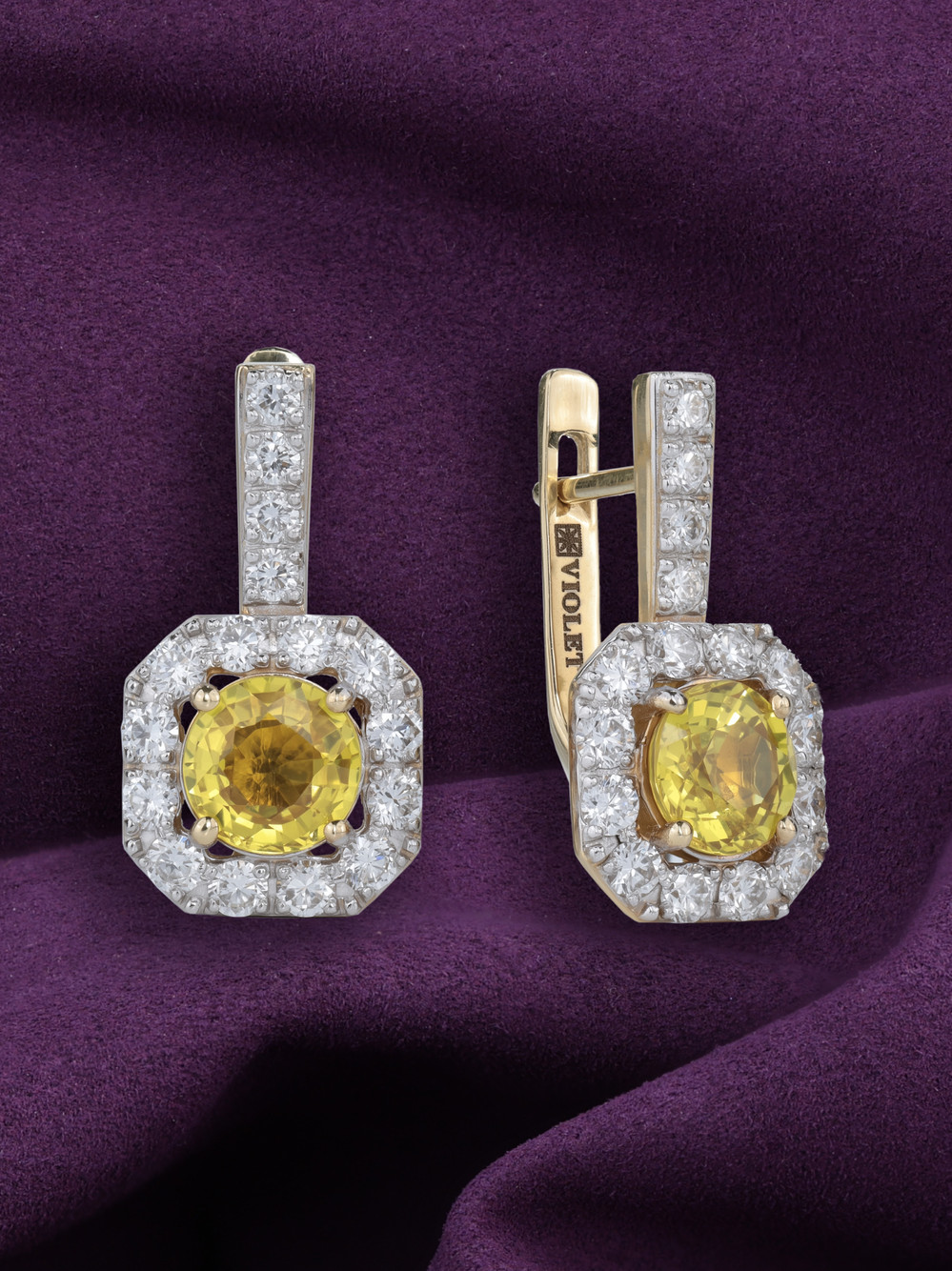 Серьги из лимонного золота c бриллиантами и сапфиром