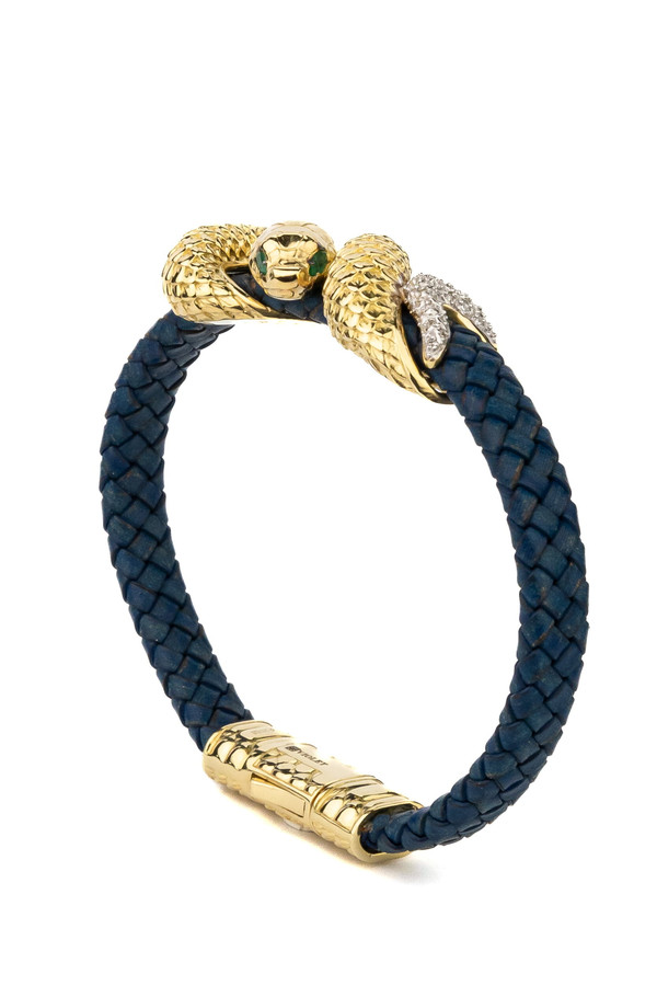 Браслет из лимонного золота c бриллиантами, изумрудом и кожаным шнурком