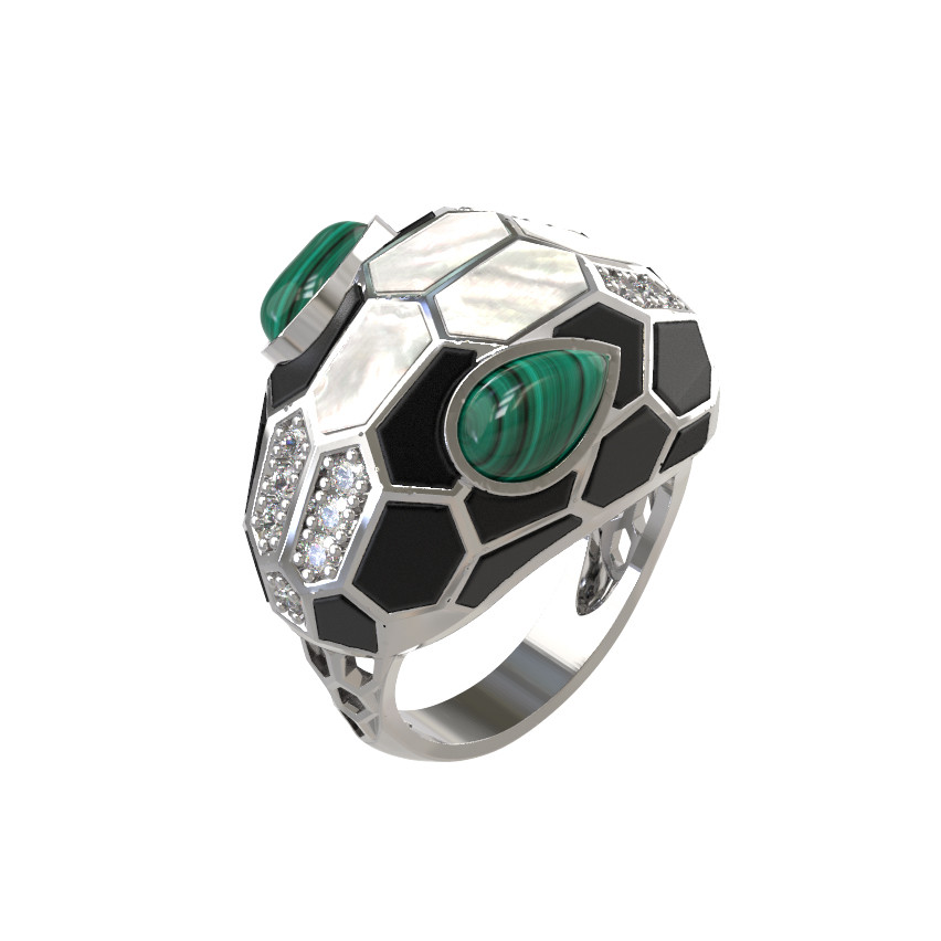 Кольцо из белого золота c бриллиантами, рубином, ониксом, малахитом и перламутром