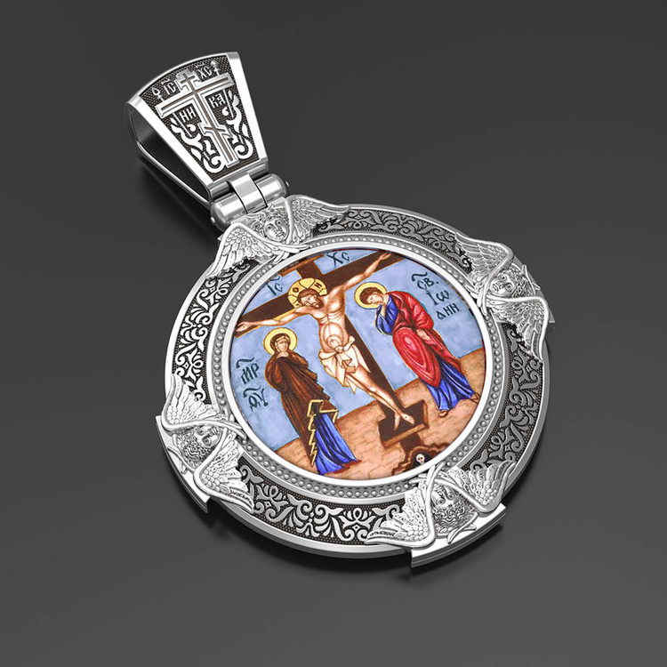 Образок из белого золота c эмаль , иконописью и темперой