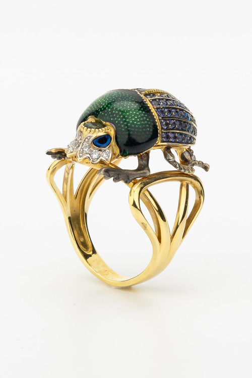 Кольцо из лимонного золота c эмаль , фианитом и турмалином