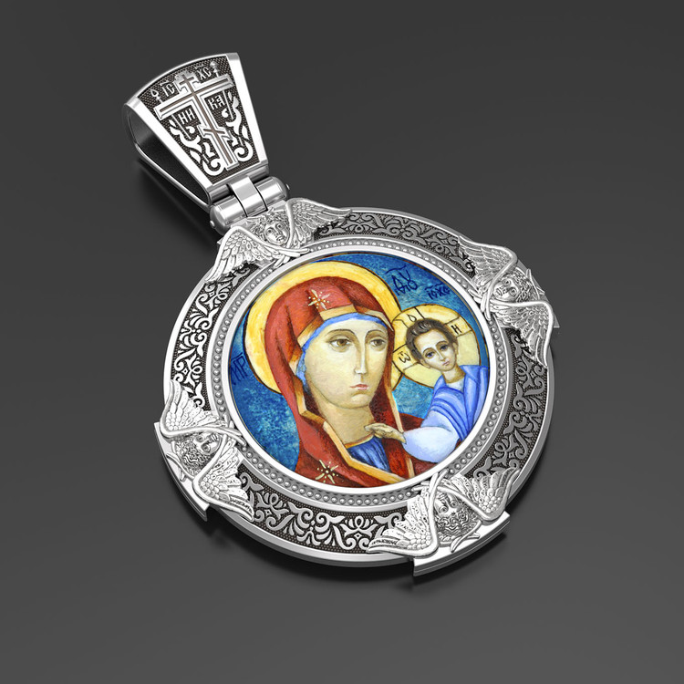 Образок из белого золота c эмаль , иконописью и темперой