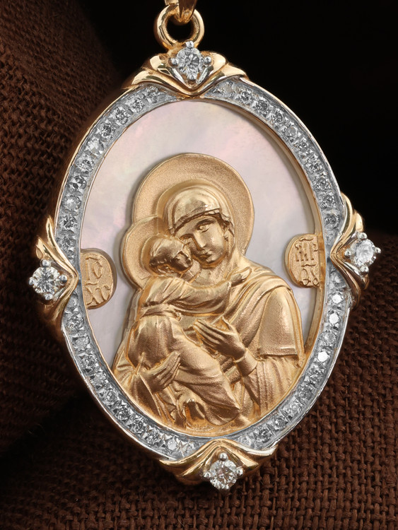 Образок из золота c бриллиантами и перламутром