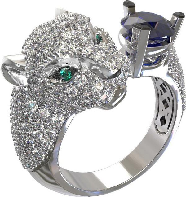 Кольцо из белого золота c бриллиантами, сапфиром и изумрудом