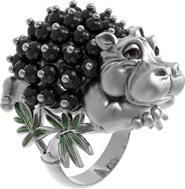 Кольцо из белого золота c эмаль и ониксом