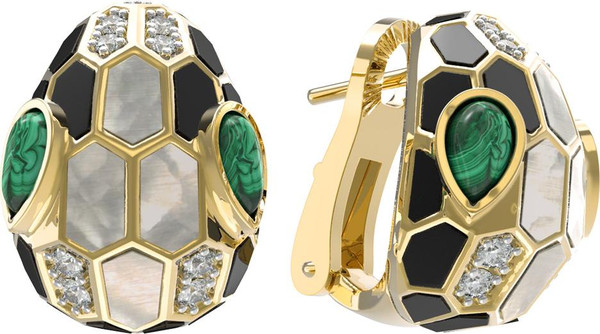 Серьги из лимонного золота c бриллиантами, рубином, ониксом, малахитом и перламутром