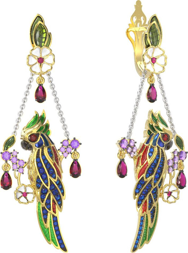 Серьги из лимонного золота c эмалью, гранатом, аметистом, рубином, аметистом и сапфиром