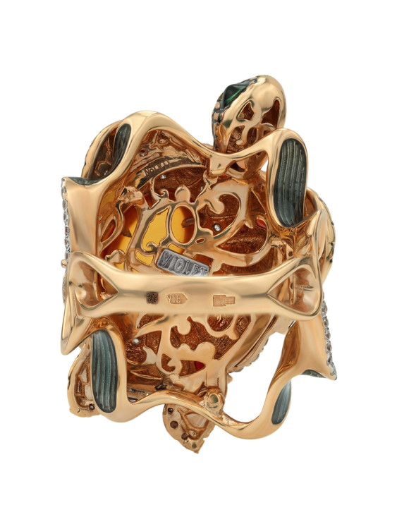 Кольцо из золота c эмалью, фианитом, гранатом и янтарём