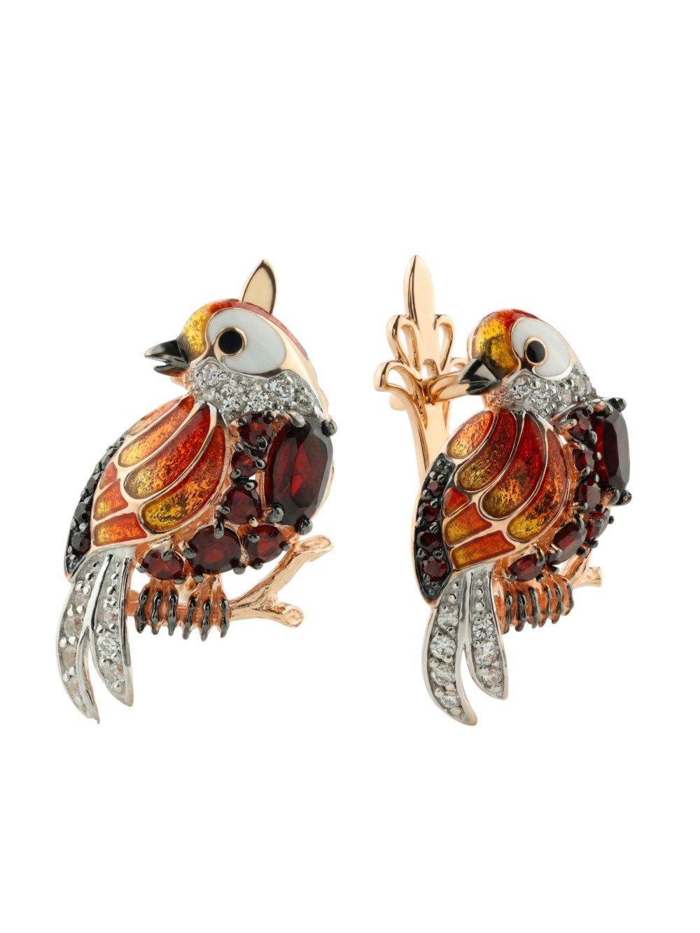 Серьги из золота c эмаль , фианитом и гранатом