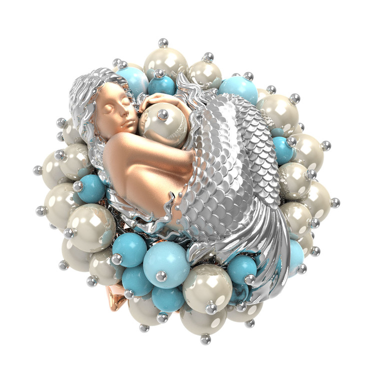 Кольцо из золота c жемчугом и бирюзой