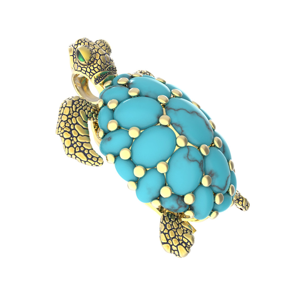 Брошь из лимонного золота c эмаль и бирюзой
