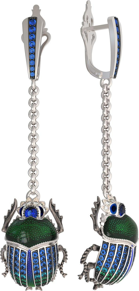 Серьги из белого золота c эмаль , фианитом и сапфиром