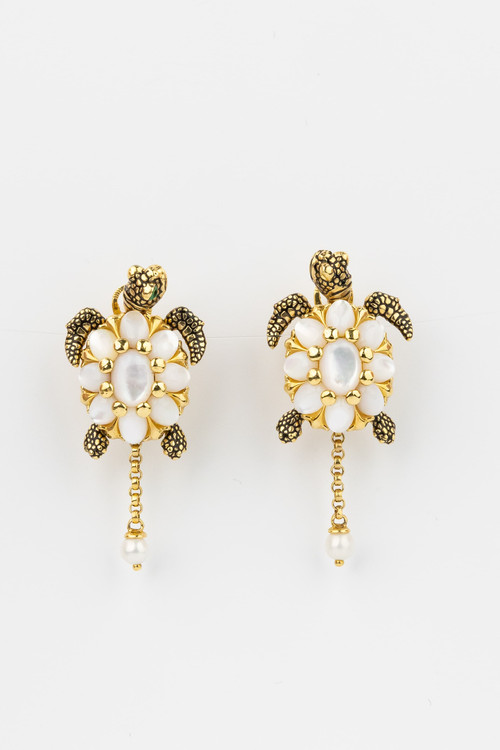 Серьги из лимонного золота c эмалью, жемчугом и перламутром