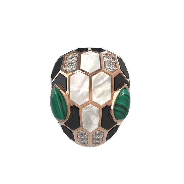 Кольцо из золота c бриллиантами, рубином, ониксом, малахитом и перламутром