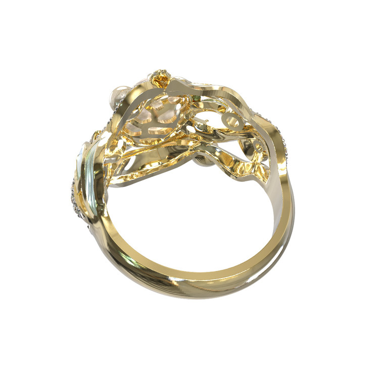 Кольцо из лимонного золота c эмалью, бриллиантами, жемчугом и перламутром