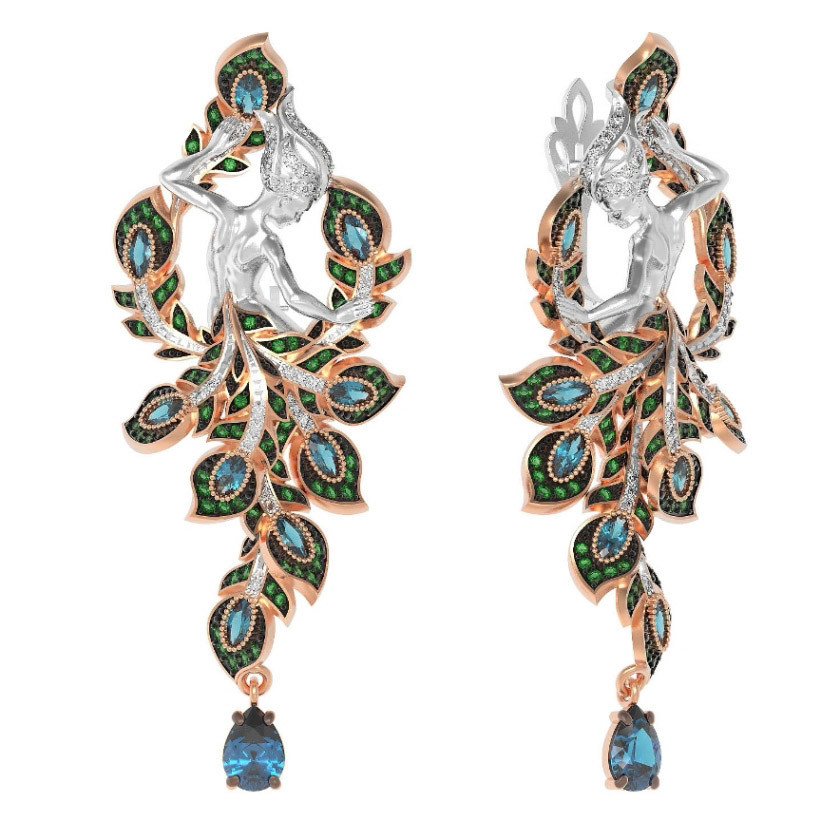 Серьги из золота c фианитом и топазом London Blue