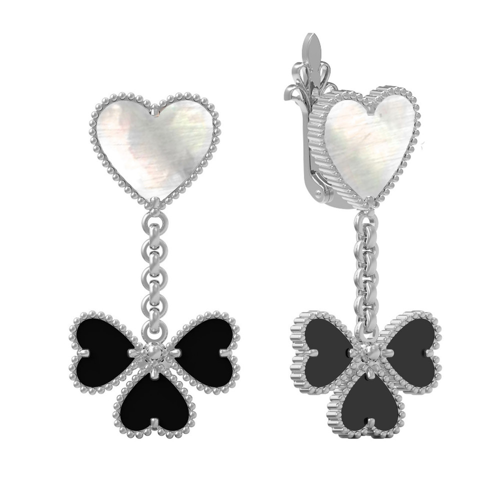 Серьги из белого золота c ониксом и перламутром