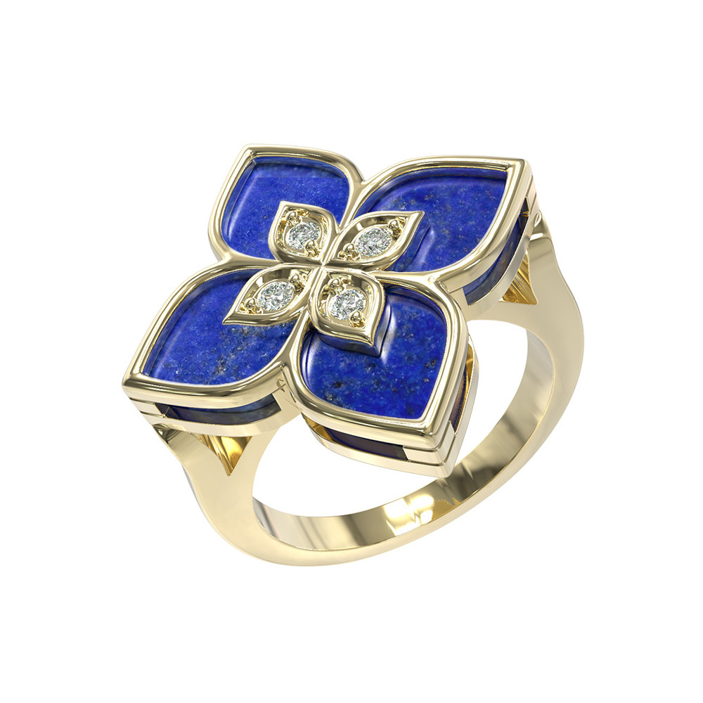 Кольцо из лимонного золота c бриллиантами и лазуритом