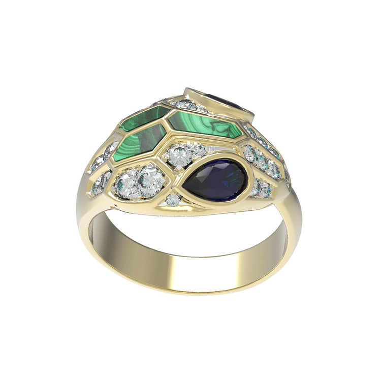 Кольцо из лимонного золота c бриллиантами, сапфиром и малахитом