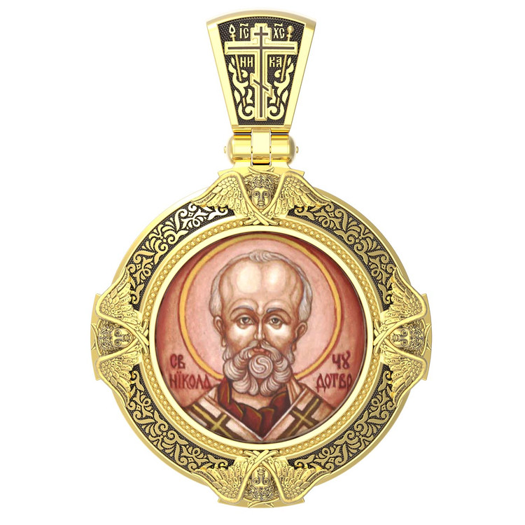 Образок из лимонного золота c эмаль , иконописью и темперой