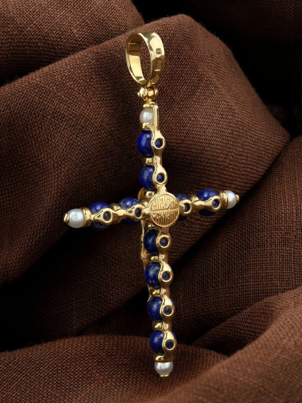 Крест из лимонного золота c жемчугом и лазуритом