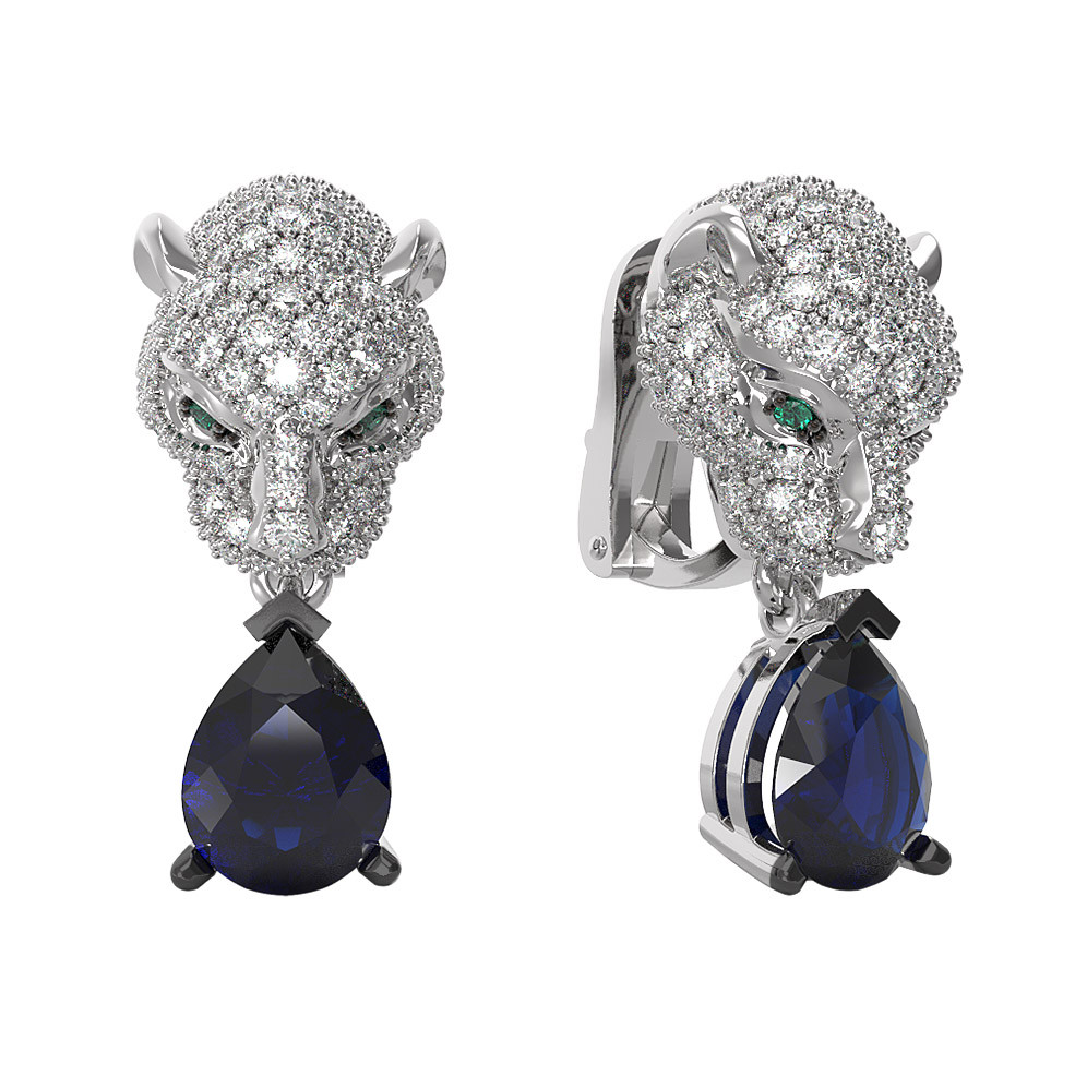 Серьги из белого золота c бриллиантами, сапфиром и изумрудом