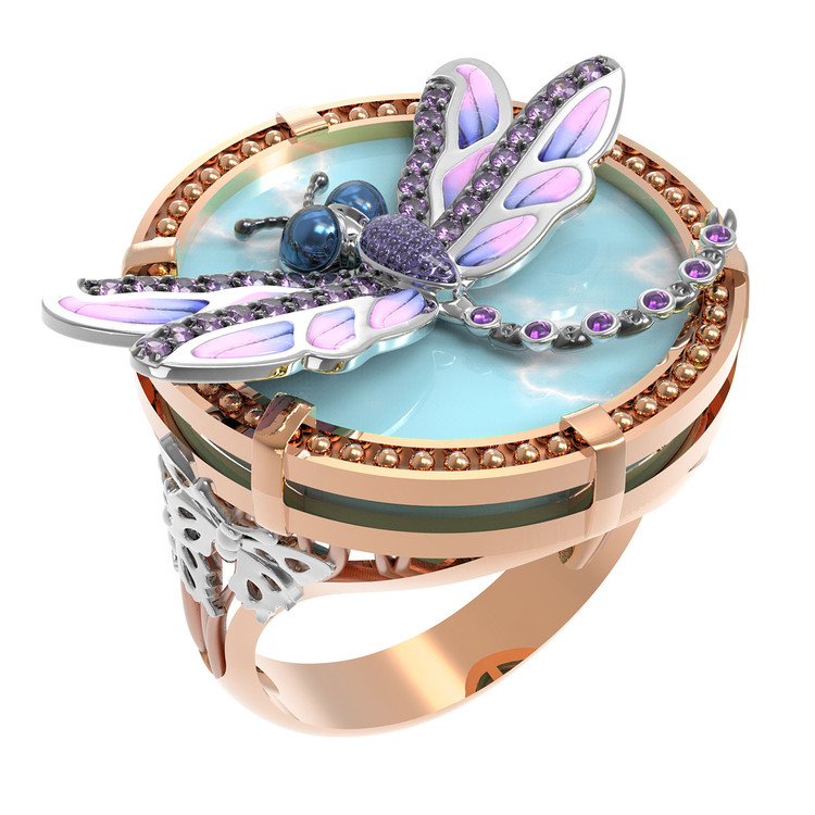 Кольцо из золота c бирюзой, аметистом и эмалью