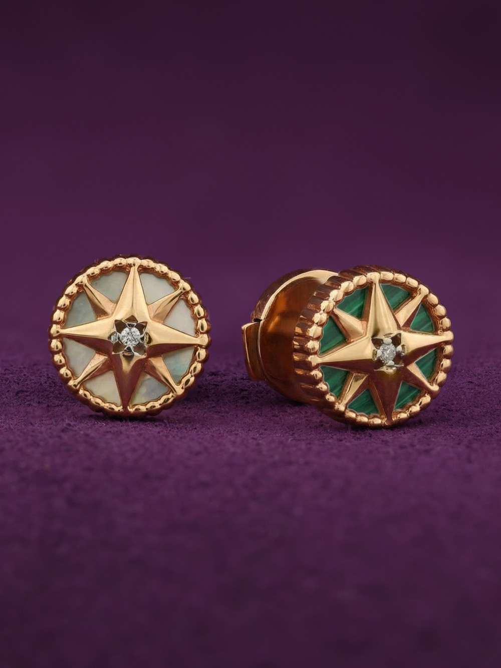 Серьги из золота c бриллиантами, малахитом и перламутром