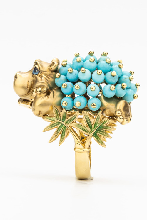 Кольцо из лимонного золота c эмаль и бирюзой