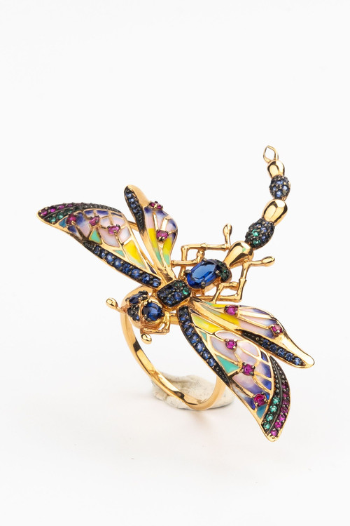 Кольцо из золота c фианитом, рубином, сапфиром и эмалью