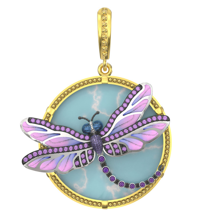 Подвеска из лимонного золота c бирюзой, аметистом и эмалью