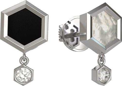 Серьги из белого золота c бриллиантами, ониксом и перламутром